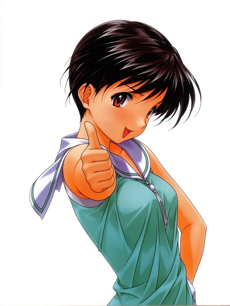 masterpiece,best quality,newest,
1girl,solo,
<lora:h_akemi_ilxl_v1:1>,h_akemi,black hair,brown eyes,a_clothes,
<lora:Fixhands_anime_bdsqlsz_V1:1>,simple_background,white background,upper_body,looking_at_viewer,standing,cowboy_shot,profile,thumbs up,giggling,