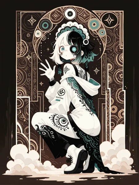 masterpiece,best quality,amazing quality,very aesthetic, haiz_ai, wasabi_natsume_illu, LeIsT0_illu, in the style of cksc, 
abstract,surreal, no lineart,no outline, anime style, dark Fairytale, 2d, brown background, white theme, 
    glowing eye lenses, light blue eyes, laugh,  looking at viewer,   Turquoise hair, writing, body writing, full body tattoo, tattoo, face tattoo, chest tattoo, leg tattoo, arm tattoo,  (tights:1.1),    claw marks,  dirty,  white skin, colored skin, from behind, looking back, looking at viewer, cinematic view,, crouching , waving,    
embroidered, cotton  hooded cape, marble headdress,
(racing suit:1.2), 
baggy clothes, oversized clothes, off shoulder,  light green clothes,
 limited palette,   dark white theme, elaborate background, patterns, puzzle pattern, fog, mist, smoke, spot colors,    
<lora:wasabi_natsume_style_r1:1> <lora:haiz_ai_illu:1> <lora:xl_more_art-full_v1:0.6> <lora:Dark_Ghibli:0.2> <lora:illustrious_very_aesthetic_v1:0.2> <lora:Navi_GreedStrokes_IL:0.4> <lora:LeIsT0_style:0.2>
