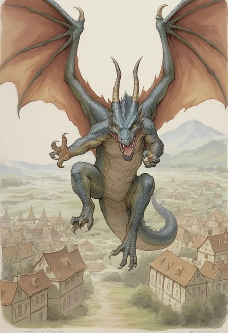 Score_9,  ,  in the style of Beatrix Potter,  a dragon attacking a fantasy village, from the air, zoomed out