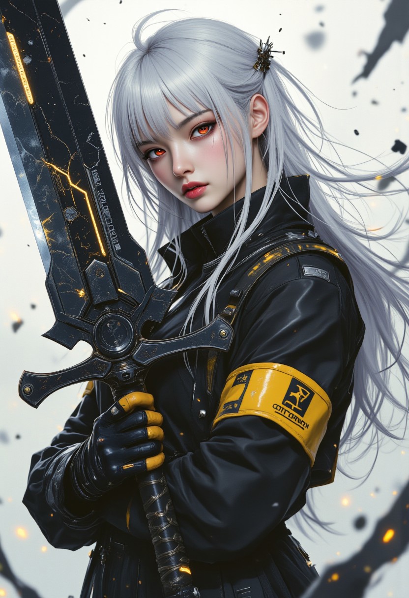 A powerful cyberpunk female warrior with long platinum hair and red eyes, wearing a futuristic black and yellow jacket with spikes and metallic straps. She wields a massive sword with scratches and glowing engravings. The artwork is highly detailed,  anime aesthetics with dark sci-fi., featuring dynamic lighting,