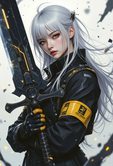 A powerful cyberpunk female warrior with long platinum hair and red eyes, wearing a futuristic black and yellow jacket with spikes and metallic straps. She wields a massive sword with scratches and glowing engravings. The artwork is highly detailed, anime aesthetics with dark sci-fi., featuring dynamic lighting,