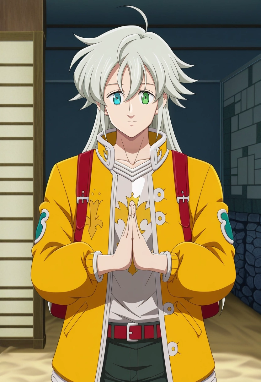 masterpiece, best quality, anime screencap, official style, anime coloring, cowboy shot, 1boy, solo, male focus, <lora:tristan_liones_ilxl:0.96>, tristan_liones, grey hair, green eyes, long hair, ahoge, heterochromia, blue eyes, zen room, sand garden, stone features, paper screens, meditation pose, peaceful expression, soft light, Cargo joggers, Ruby Leather jacket, , , Military Backpack