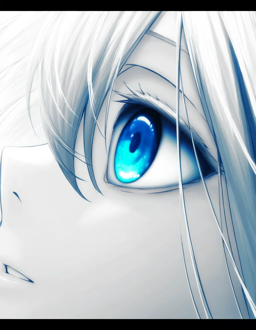 1girl, solo, blue eyes, white background, hair between eyes, white hair, parted lips, from side, eyelashes, profile, looking up, letterboxed, close-up, spot color, eye focus, eye reflection <lora:nengoro:0.8>, best quality, masterpiece, very awa