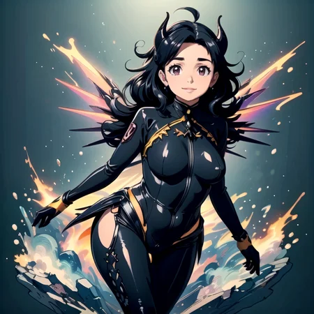 ((top quality, 8k wallpaper)),(masterpiece, best quality),extremely detailed,high definition,(official art:1.3),(((anime screencap,black outline))),<lora:more_details:0.3>,<lora:LCM_LoRA_Weights_SD15:1>,1girl, (large breasts), (parted bangs:1.6), <lora:ETO_OC:0.2> ETO-OC, <lora:ETO_OCC006:0.4>, ETO_OCC, (curly hair:1.3), (long hair:1.1), thick eyebrows, pale skin, curvy, (plump:1.2), fat, 1girl, mature female, smile, black hair, looking at viewer, BREAK <lora:devilmercy-nvwls-v1:0.7> devilmercy, demon horns, blue sleeves, opalescent bodysuit, long sleeves, blue gloves, pelvic curtain, (mechanical wings:1.4), black leggings, fire, sparks, brimstone, (glowing wings), (neon lights), magical, mystical, rainbow, <lora:opal-style-darquelilly-v1:0.8> opalstyle