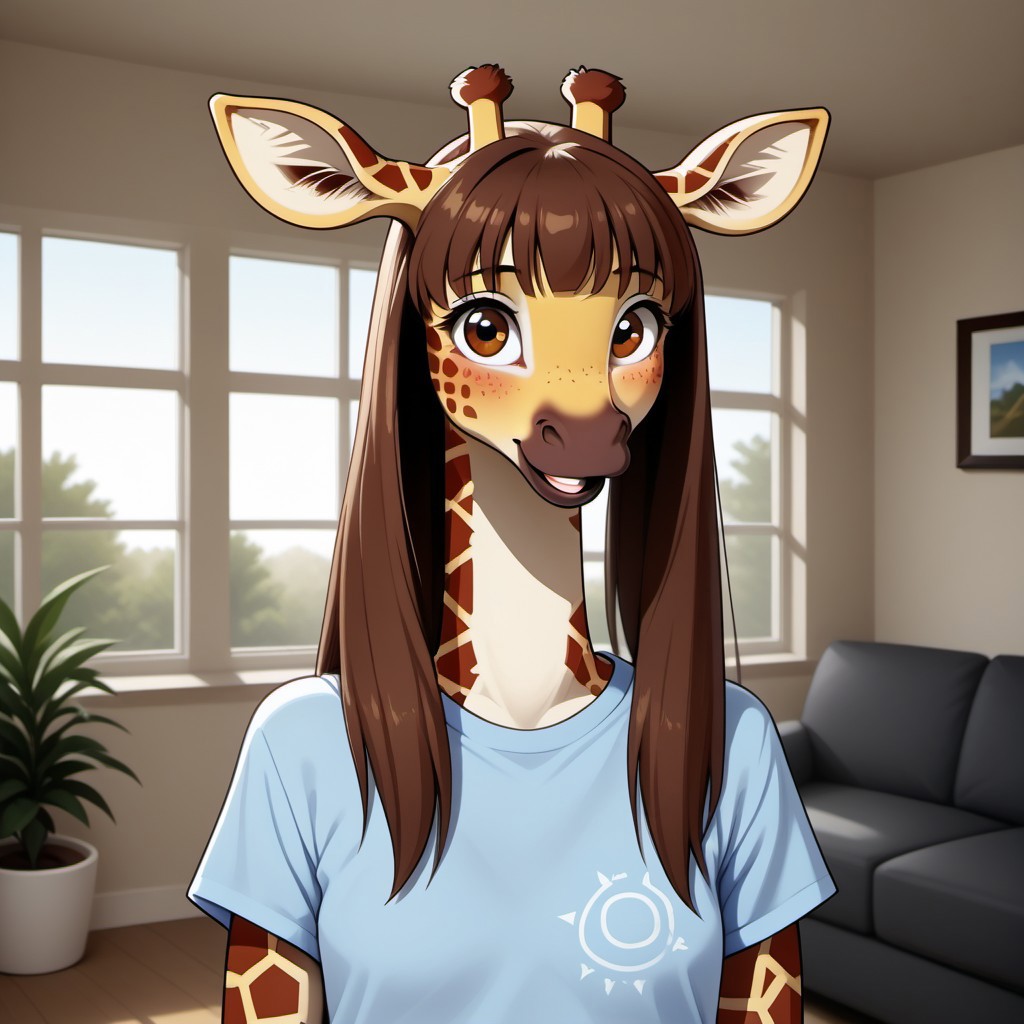 1girl, solo, (furry female1.2), M4dd13G1r4ff3, anthro giraffe, portrait, small breasts, tshirt, living room, window, sun, plants, smiling,