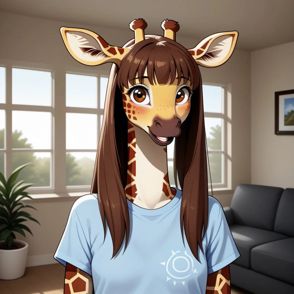 1girl, solo, (furry female1.2), M4dd13G1r4ff3, anthro giraffe, portrait, small breasts, tshirt, living room, window, sun, plants, smiling,