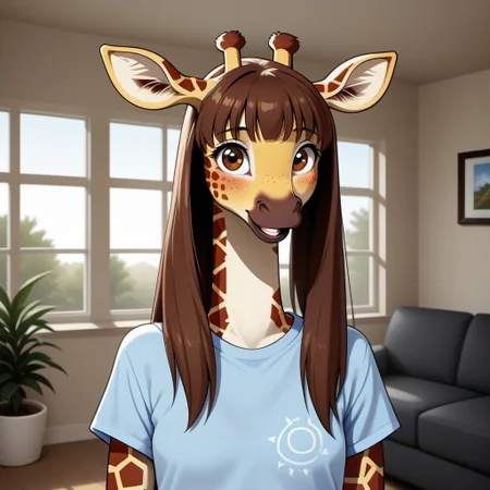 1girl, solo, (furry female1.2), M4dd13G1r4ff3, anthro giraffe, portrait, small breasts, tshirt, living room, window, sun, plants, smiling,