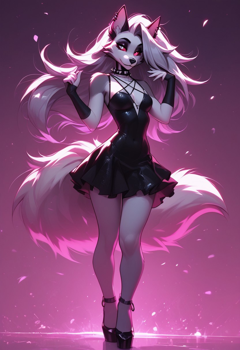 score_9, score_8_up, score_7_up, score_6_up, 1girl, solo, loona, from hellova boss, anthro furry, long hair, nightclub outfit, tight pink dress, perfect face, perfecteyes, sexy, sexy girl, beautiful eyes,  dancing, dynamic angle, full body shot, red eyes, glowing eyes, red sclera, long fluffy tail, D4NC3RS