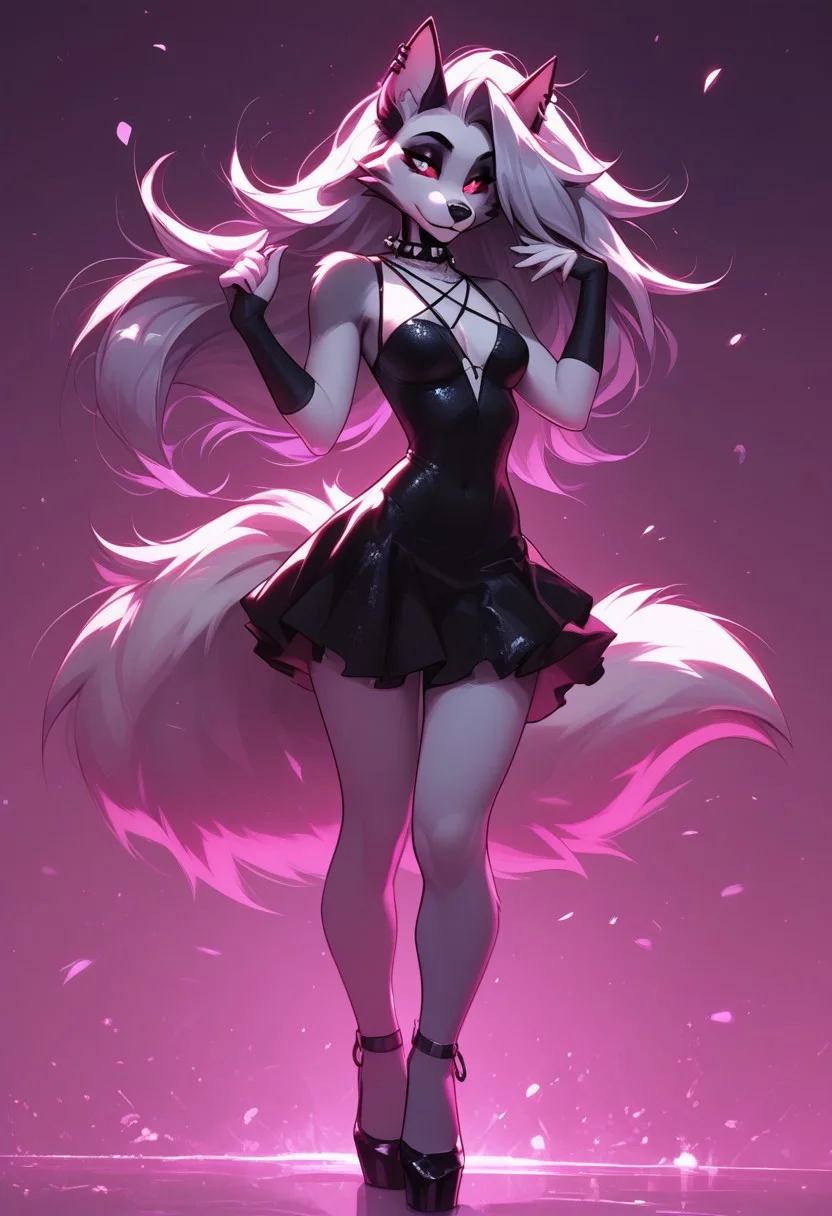 score_9, score_8_up, score_7_up, score_6_up, 1girl, solo, loona, from hellova boss, anthro furry, long hair, nightclub outfit, tight pink dress, perfect face, perfecteyes, sexy, sexy girl, beautiful eyes, dancing, dynamic angle, full body shot, red eyes, glowing eyes, red sclera, long fluffy tail, D4NC3RS