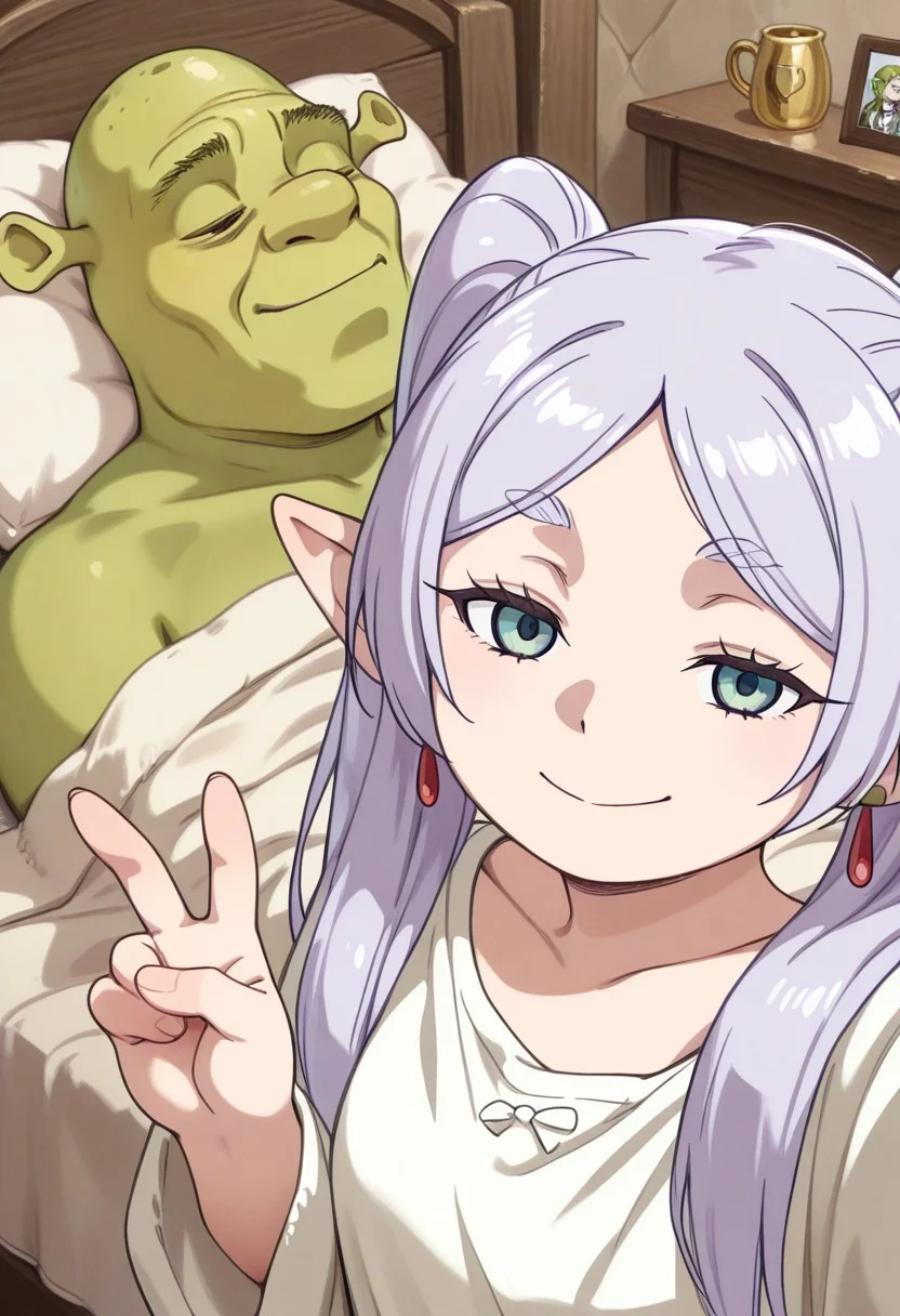 1girl, frieren /(sousou no frieren/), 1boy, shrek /(dreamworks)/, green skin, bald, , TGAS_meme, 1boy, 1girl,  exhausted, tired boyfriend, v sign selfie girlfriend, smirk
masterpiece, best quality,