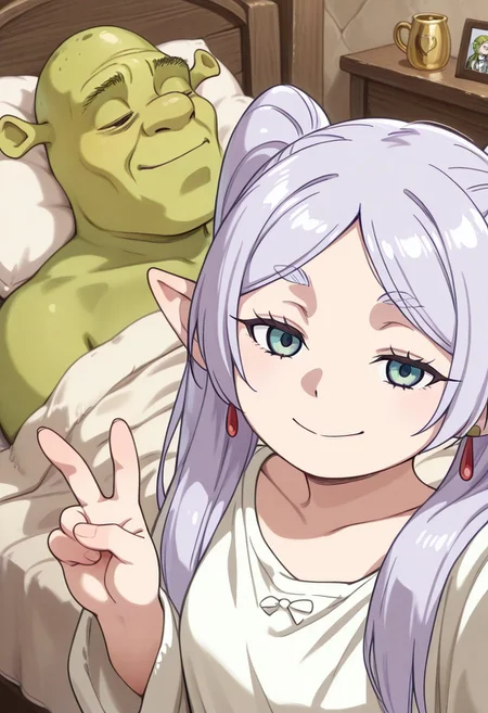 1girl, frieren /(sousou no frieren/), 1boy, shrek /(dreamworks)/, green skin, bald, , TGAS_meme, 1boy, 1girl,  exhausted, tired boyfriend, v sign selfie girlfriend, smirk
masterpiece, best quality,