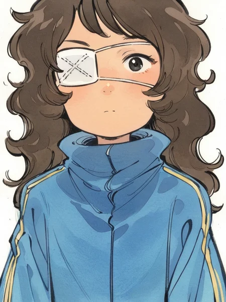 score_9, score_8_up, score_7_up,  
1girl, natsu tsukishima, brown hair, long hair, wavy hair, eyepatch,
black eyes,
white background, blue track jacket, face, close-up, looking at viewer, closed mouth,