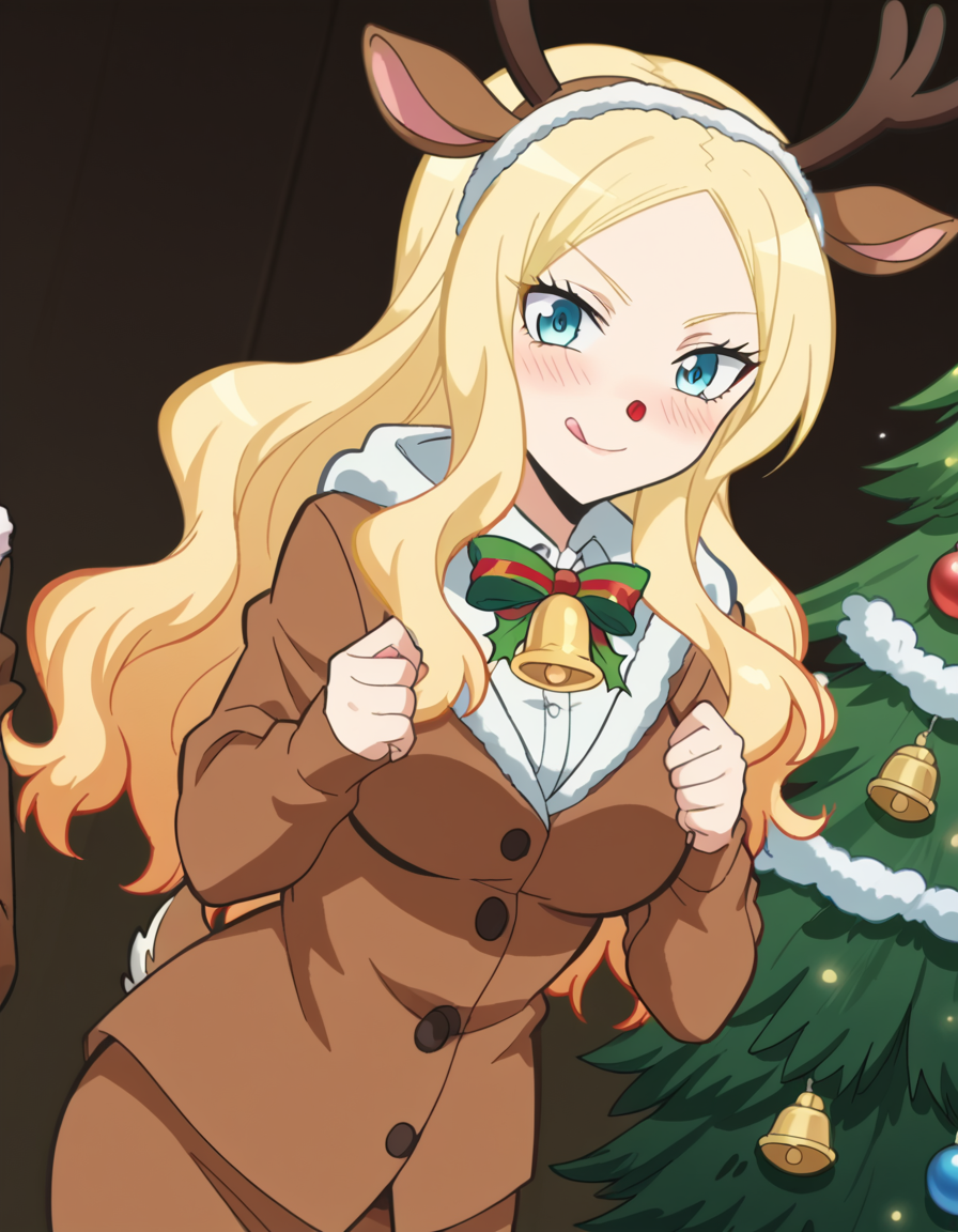 score_9, score_8_up, score_7_up, source_anime, <lora:irina-jelavic-s1s2-ponyxl-lora-nochekaiser:1>, irina jelavic, long hair, blonde hair, large breasts, anime screencap,, <lora:reindeer-costume-ponyxl-lora-nochekaiser:1>, reindeer costume, animal costume, reindeer antlers, antlers, fake antlers, reindeer hood, christmas, red nose, deer ears, deer tail, christmas tree, bell, horns, reindeer,, blush, smile, tongue out, looking at viewer,, , dutch angle, cowboy shot