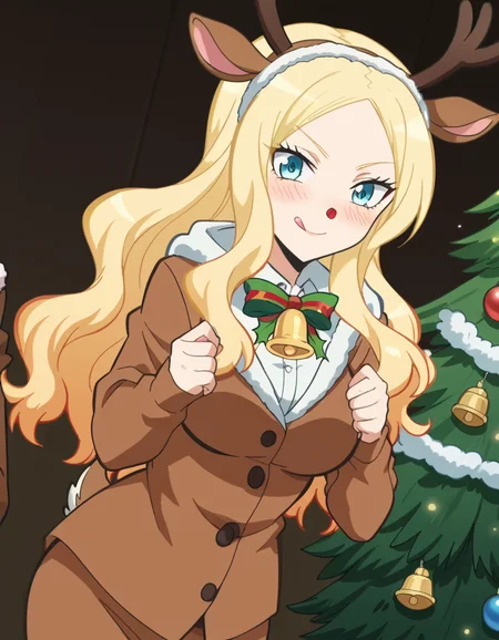 score_9, score_8_up, score_7_up, source_anime, <lora:irina-jelavic-s1s2-ponyxl-lora-nochekaiser:1>, irina jelavic, long hair, blonde hair, large breasts, anime screencap,, <lora:reindeer-costume-ponyxl-lora-nochekaiser:1>, reindeer costume, animal costume, reindeer antlers, antlers, fake antlers, reindeer hood, christmas, red nose, deer ears, deer tail, christmas tree, bell, horns, reindeer,, blush, smile, tongue out, looking at viewer,, , dutch angle, cowboy shot