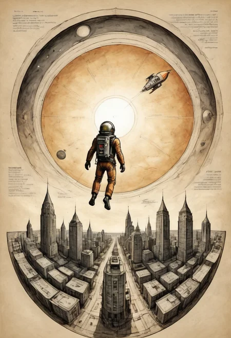 looking up fisheye distortion view of a jetpack flight above the city toward a black hole sun on parchment