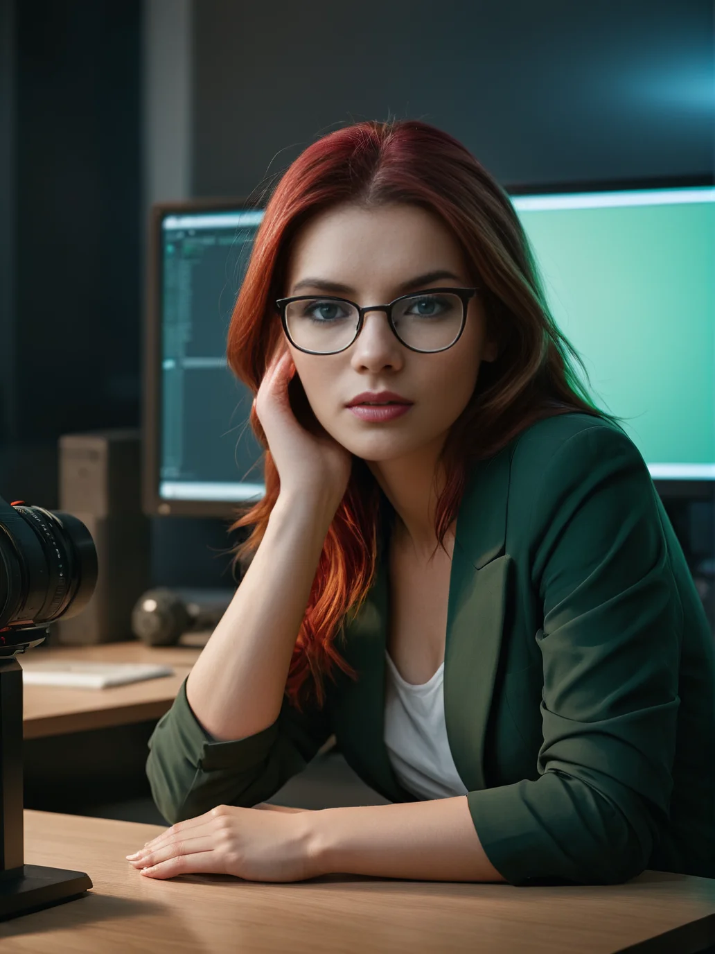 CINEMATIC SHOT, professional photo by Caravaggio,
beautiful redhead girl with glasses, green eyes, sitiing at a desk, looking on a monitor, rests his chin on one hand, medium close shot, open-plan office, neon light, looks blank, detailed skin, perfect eyes, perfect face,
<lora:b_e_a_u_t_i_f_i_e_r_-XL-:1> , indoor,
(by Christopher Nolan:1.4)(35mm, F/2.8)((dslr, Photo Focus, DOF, Aperture, Cinematic Color grading, insanely detailed and intricate, character, hypermaximalist, elegant, beautiful, exotic, revealing, appealing, attractive, amative, hyper realistic, super detailed, trending on flickr))