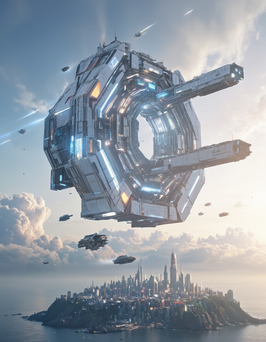 <lora:SW_Minis_3v2flux:1> A massive futuristic white space station floating above a white cyberpunk city on an island, with the sun setting on the horizon. The space station has a highly detailed and futurist design, featuring metallic structures, glass, concrete, glowing blue lights, and various modules attached to its frame. Smaller spacecraft are seen flying around it, enhancing the scale and depth of the scene.
 swminis3all, anime, test3