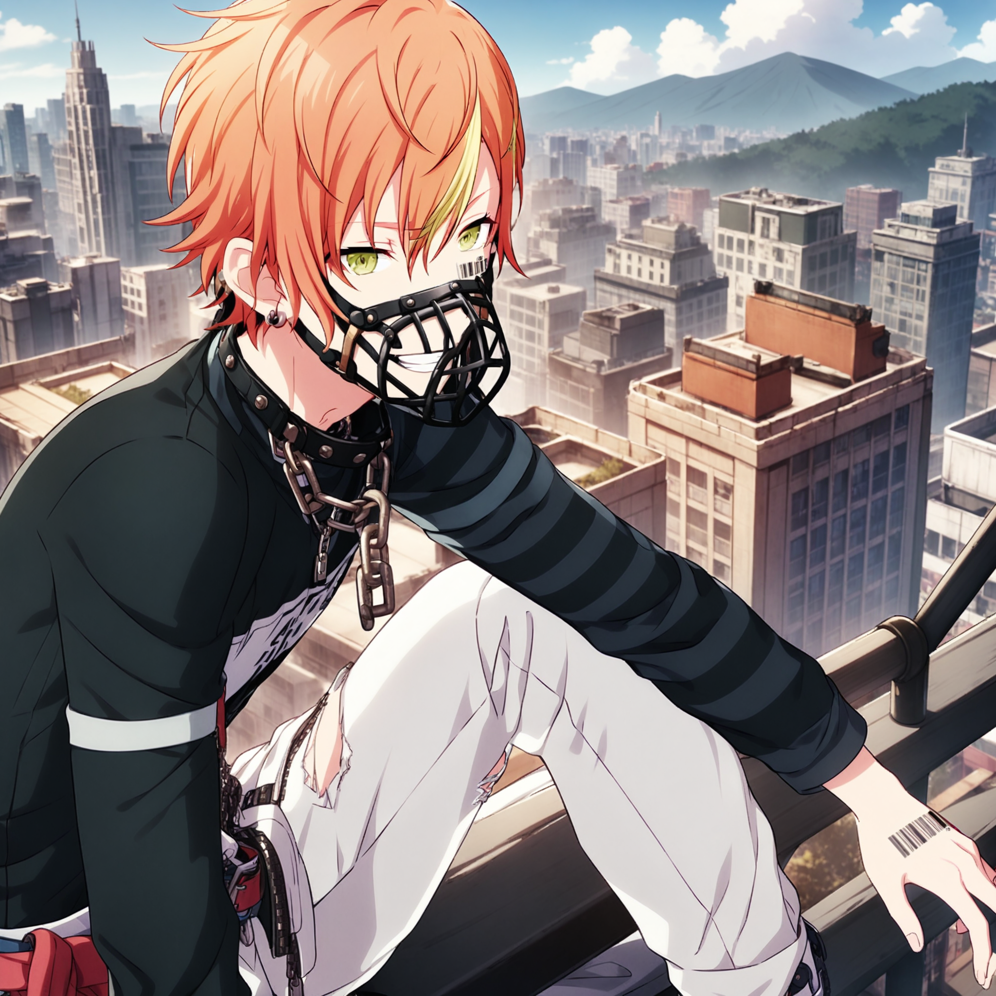 1boy, shinonome akito, project sekai, masterpiece, very aesthetic, absurdres, official art,
hound kid, orange short hair, green small eyes, yellow streaked hair,
looking at viewer, looking afar, grin, sitting, leaning forward, BREAK
muzzle, asymmetrical long sleeves, barcode tattoo, black shirt, white pants, zipper, long sleeves, earrings, torn pants,  belt,  clothes around waist, thigh strap, zipper pull tab, necklace, chain necklace, facial tattoo, number tattoo, chain, 
beautiful blue sky, cumulonimbus, group of buildings, 1Contrail, cityscape, warm light, the top of the hill, Overlooking the cityscape, scenery, Looking down on the city from the roof of a building,
<lora:sdxl-vbs-HoundKid01:1:lbw=0,0,0.2,0.2,0,0.4,0.4,0,0.8,0.8,0,0,0,0.8,0.8,0.6,0.8,0.0,0.0,0.0,0,0,0,0,0,0>