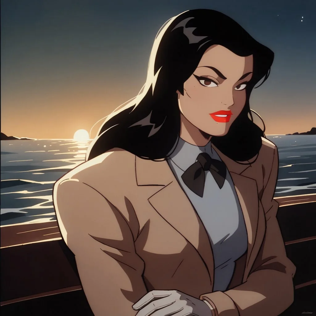 safe_pos, score_9, score_8_up, score_7_up, solo, 1girl, lipstick, black hair, long hair, dark brown eyes,light brown coat, closed coat, black bowtie, white gloves, looking at viewer, breast, Candice (dc), docks, sea, night, boat on background