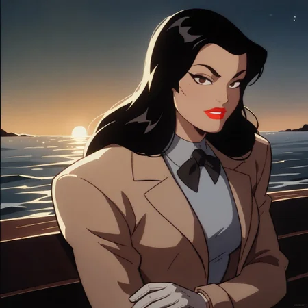 safe_pos, score_9, score_8_up, score_7_up, solo, 1girl, lipstick, black hair, long hair, dark brown eyes,light brown coat, closed coat, black bowtie, white gloves, looking at viewer, breast, Candice (dc), docks, sea, night, boat on background