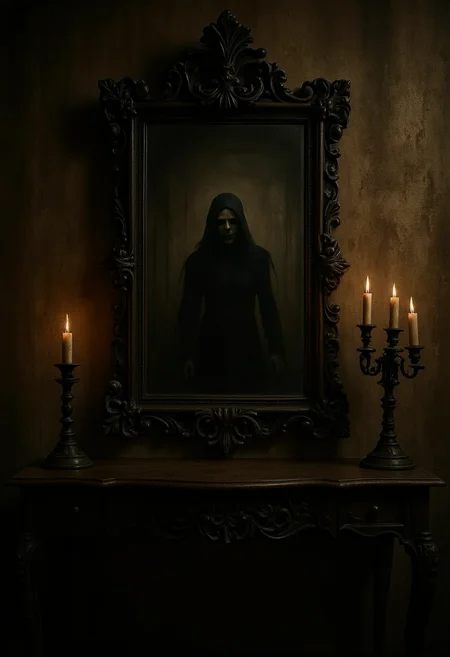 , Gothic photography: Dimly lit room with eerie reflection, ornate mirror, dark wooden table, flickering candles, shadowy walls, haunting figure in mirror, aged textures, and chilling atmosphere.