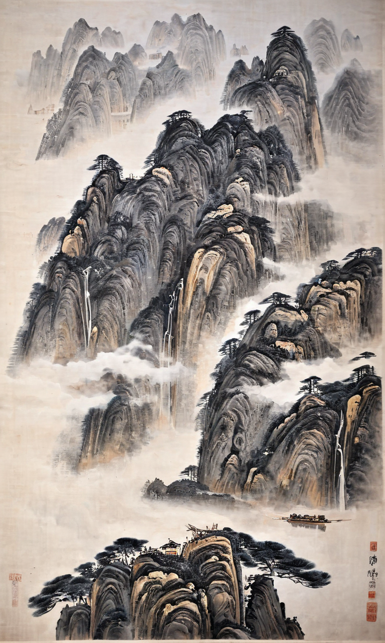 Chinese landscape painting, artistic conception of mountains and waters, Zen aesthetics, Zen composition, architectural complex, clouds and mist, cliffs, pine trees, waterfalls, elk, looking up, rich lighting, high mountains, minimalism, ultimate details, unparalleled details, movie special effects, realism, and fine details
<lora:é²åä¸æ´¾@å±±æ°´çç»SDXL:1>,