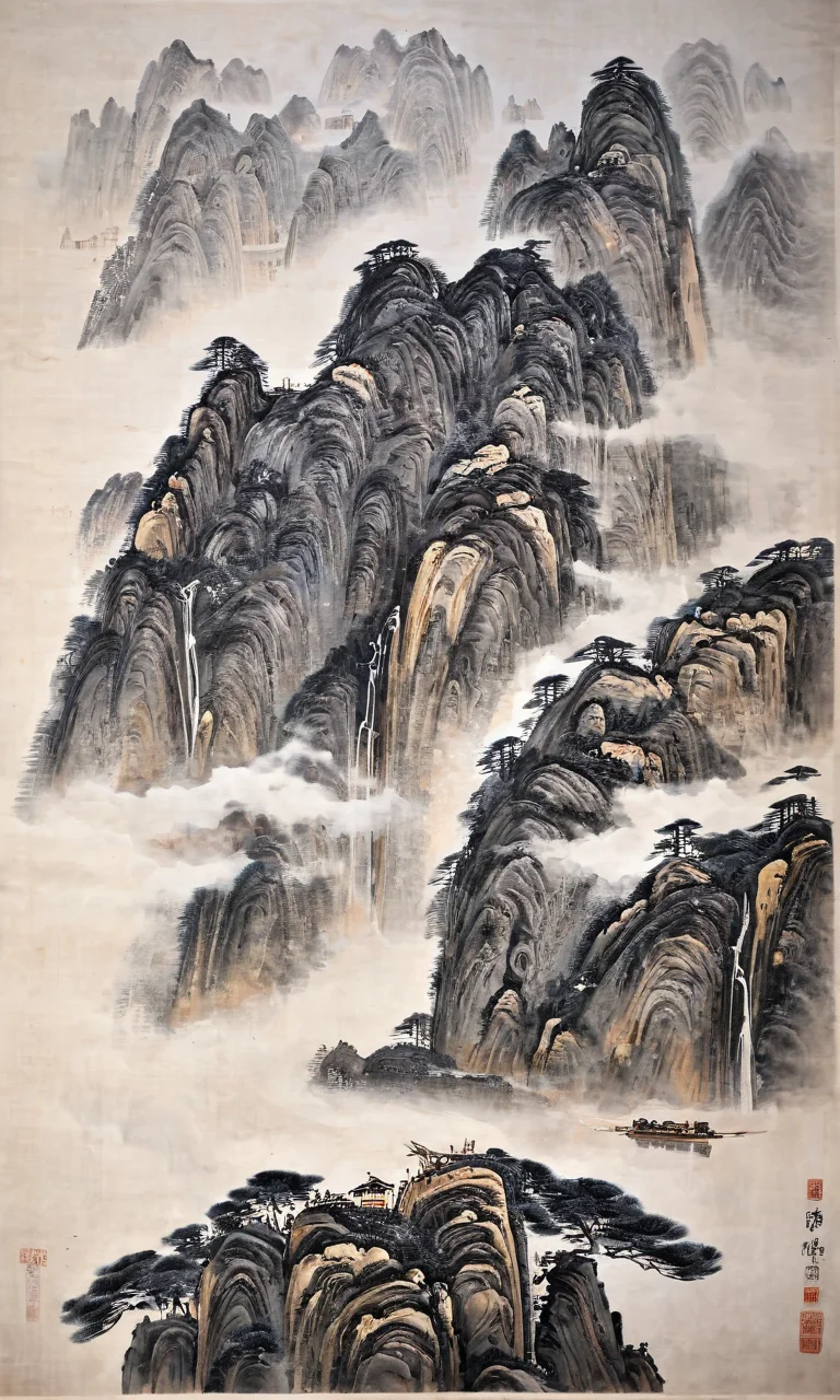 Chinese landscape painting, artistic conception of mountains and waters, Zen aesthetics, Zen composition, architectural complex, clouds and mist, cliffs, pine trees, waterfalls, elk, looking up, rich lighting, high mountains, minimalism, ultimate details, unparalleled details, movie special effects, realism, and fine details
<lora:é²å䏿´¾@山水çç»SDXL:1>,
