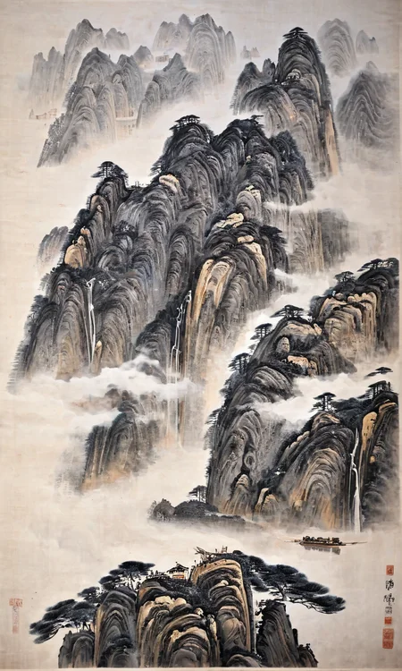 Chinese landscape painting, artistic conception of mountains and waters, Zen aesthetics, Zen composition, architectural complex, clouds and mist, cliffs, pine trees, waterfalls, elk, looking up, rich lighting, high mountains, minimalism, ultimate details, unparalleled details, movie special effects, realism, and fine details
<lora:é²å䏿´¾@山水çç»SDXL:1>,