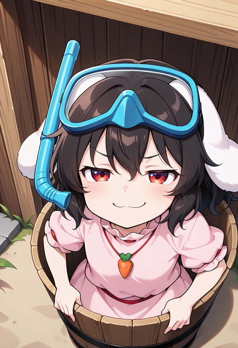 1girl, solo, inaba tewi, 1girl, solo, red eyes, black hair, short hair, rabbit ears, floppy ears, pink shirt, inside wooden bucket, snorkel, outdoors, from above, smug, smile,