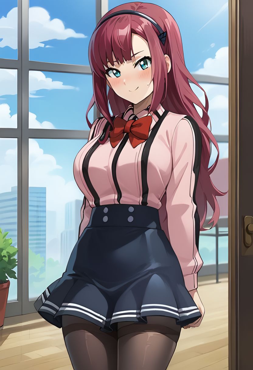 BREAK score_9, score_8_up, score_7_up, anime style, Christina Kuroda, full body, huge breasts, wide hips, thick thighs, whites skin, pink hair, long hair, blue skirt, pink shirt, shirt with black stripes, blue eyes, red bowtie, black headband with the Beyblade symbol, skirt with four buttons and two white stripes, long black stockings, red shoes, background office, looking at viewer, seductive