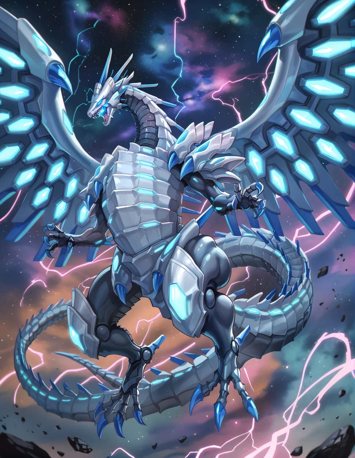 (score_9:0.9),score_8_up,score_7_up,rating_safe,anime style,(zPDXL),(zPDXL3),
<lora:blue eye chaos max dragon ponyXL v1.2:0.8>,mecha dragon,blue eye chaos max dragon,star,space,solo,open mouth,(flying),sharp teeth,full body,blurry,spread wings,from below,no iris,energy,electricity,glowing eyes,