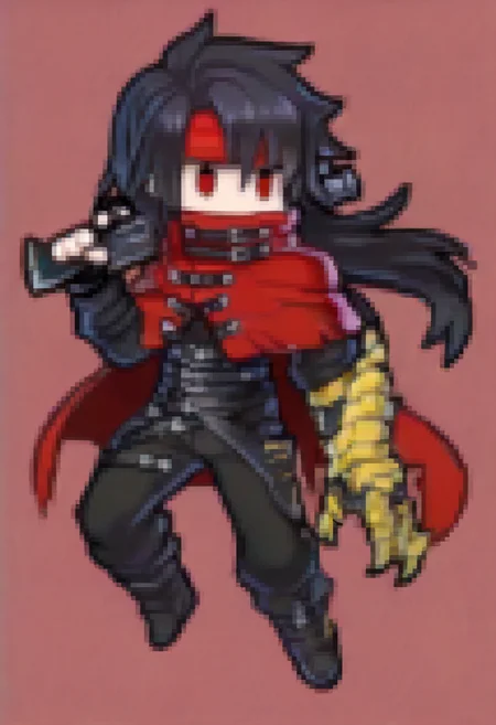 masterpiece, best quality, solo, 1boy, looking at viewer, <lora:Vincent-valentine-illus_Fp:1>, vincentff7, black hair, red eyes, long hair, red headband, red cloak, buckle, black shirt, black pants, single gauntlet, multiple belts, holding gun, single fingerless glove, covered mouth, <lora:Feh-Sprites-illus_Fp:1>, chibi, full body, simple background, clawed gauntlet,