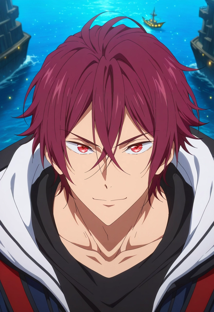 masterpiece, best quality, , anime screencap, anime coloring, official style, , 1boy, solo, male focus, <lora:rin_matsuoka_ilxl:0.92>, rin_matsuoka, red hair, red eyes, hair between eyes, enchanted harbor, glowing docks, sparkling waters, magical ships, anchoring pose, adventurous expression, moonlit seas,