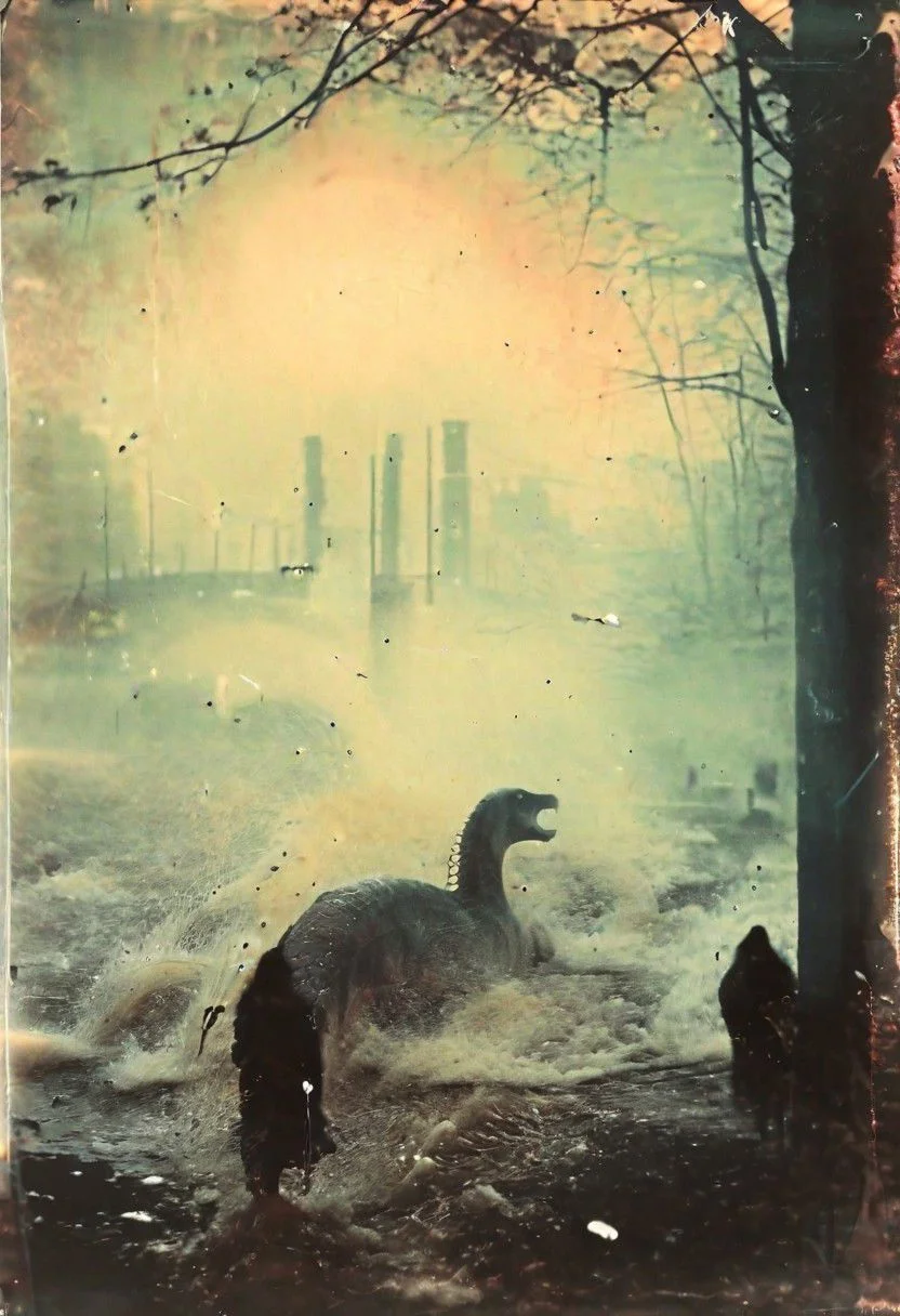 B&W 35mm vintage street photo of Lochness Monster in the East River of NY <lora:Vintage_Street_Photo:1.0>