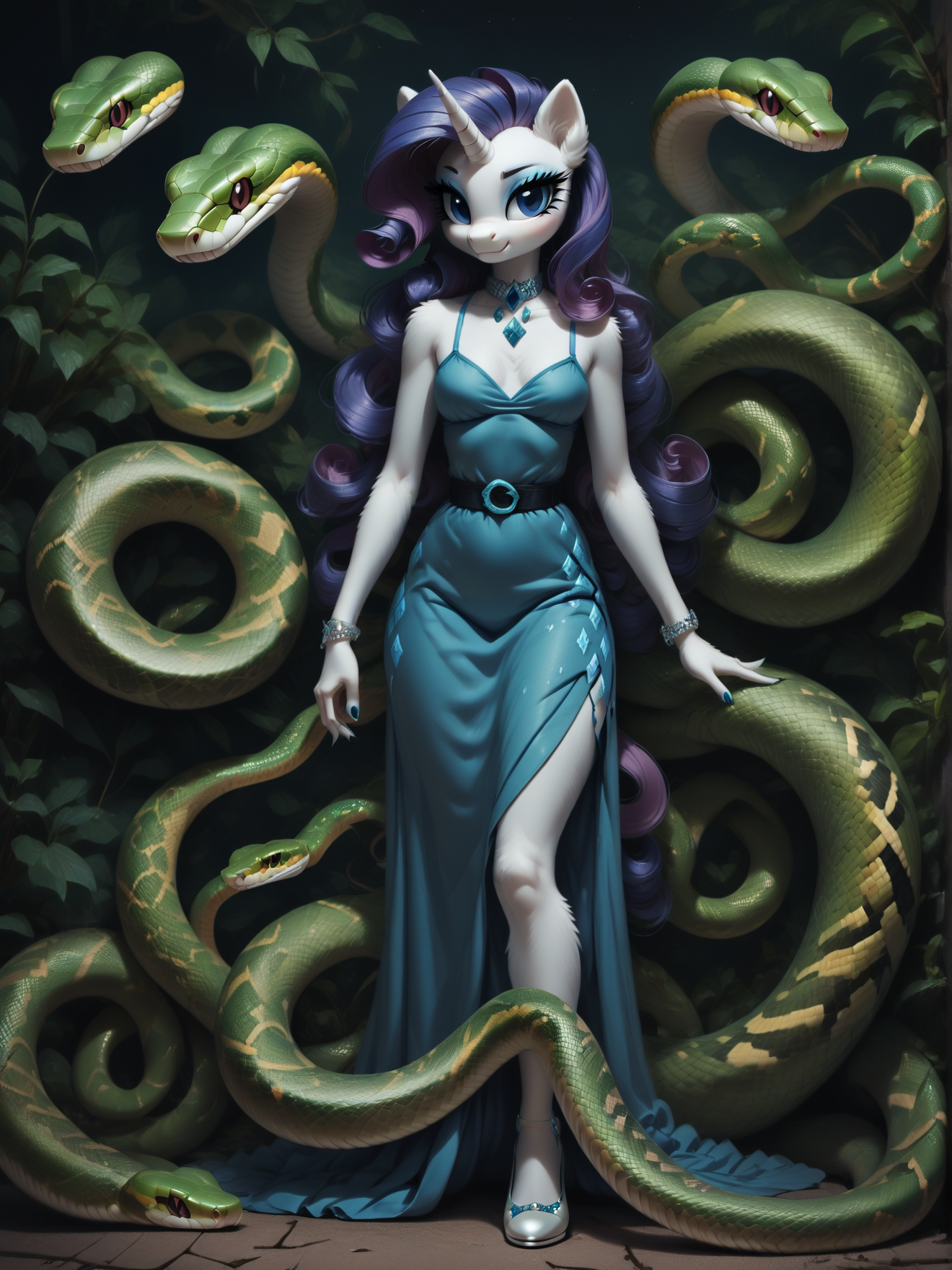 score_9, score_8_up, score_7_up, score_6_up,  1girl, solo, (Rarity:1.3) \(mlp\), (anthro pony:1.1), tail, dress,
<lora:Serpent_World:1> snake, <lora:Anime Summer Night Style SDXL_LoRA_Pony Diffusion V6 XL:0.5>  <lora:Realistic000003_1_2.5DAnime_0.05_Merge1:0.5>  <lora:MegaFluffyPony:0.5> MegaFluffyPony, furry, fluffy, dark theme, low light,