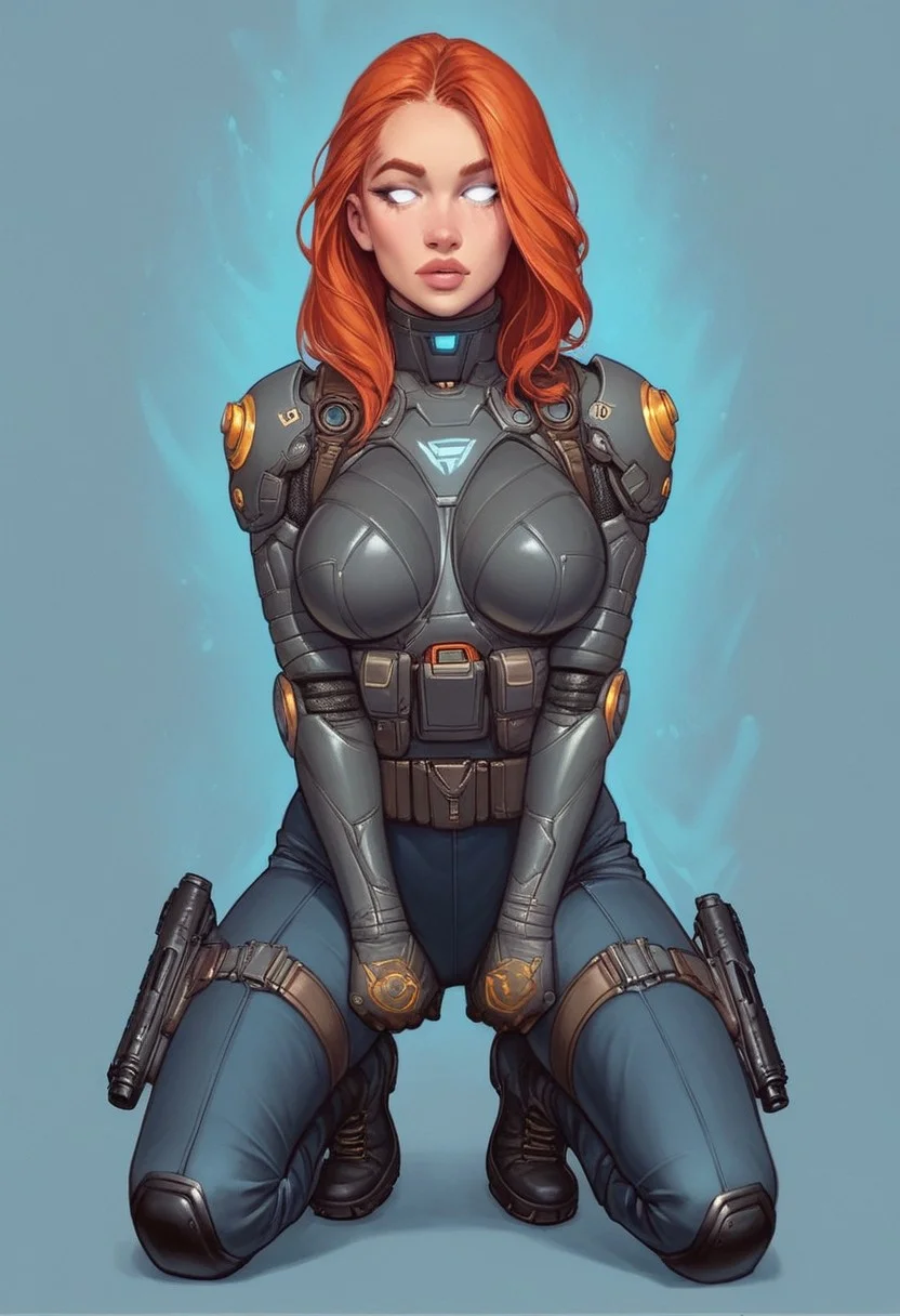 1girl,
Glowing aura surrounding a futuristic character like the Nomad, clad in a futuristic detailed brown suit handmade, (((army body armor))) patches on suit, redhead, long bangs,holographic blue light streaks, full face gasmask, (((white eyes without pupils opened)),
BREAK
((((full closed)))), (((big futuristic gun in hands, sci-fi gun in hands)))
strange world background score_9, score_8_up, score_7_up, score_6_up, source_cartoon, rating_explicit, Expressiveh, (((((full body))))), dynamic pose
