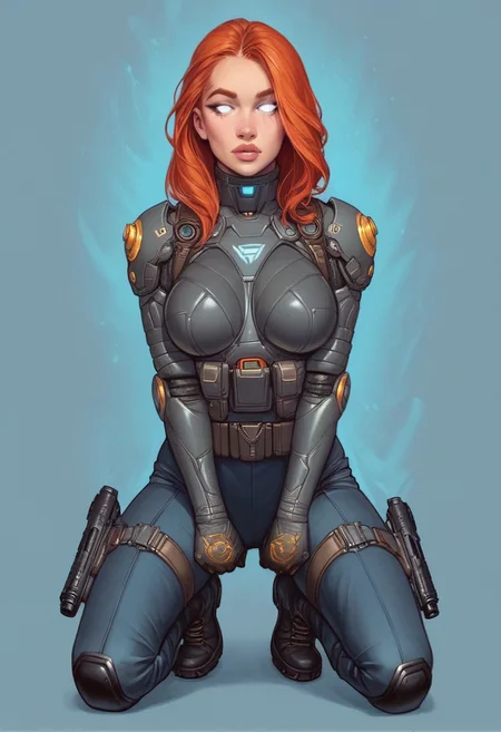 1girl,
Glowing aura surrounding a futuristic character like the Nomad, clad in a futuristic detailed brown suit handmade, (((army body armor))) patches on suit, redhead, long bangs,holographic blue light streaks, full face gasmask, (((white eyes without pupils opened)),
BREAK
((((full closed)))), (((big futuristic gun in hands, sci-fi gun in hands)))
strange world background score_9, score_8_up, score_7_up, score_6_up, source_cartoon, rating_explicit, Expressiveh, (((((full body))))), dynamic pose