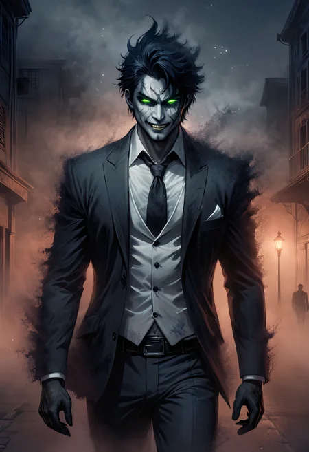 , sharp focus, extremely detailed ((masterpiece, best quality)), 1Male, Demon man in business suit, comes out of the fog, crooked smile, short black hair, beautiful eyes, green glowing eyes, brutal man, night, fog, madness, fear, scar on face, (cowboy shot), black short hair, white business suit, suit unbuttoned, white shirt, scar on face, ruffled hair, piercing look of beauty, mystic atmosphere, empty street at night, scarlet fog and haze, (cowboy shot), concept art, expressiveh, Dark Fantasy page, ral-dissolve, <lora:Lora\Dark Fantasy.safetensors:1:1> <lora:Lora\ral-dissolve-sdxl.safetensors:1:1>