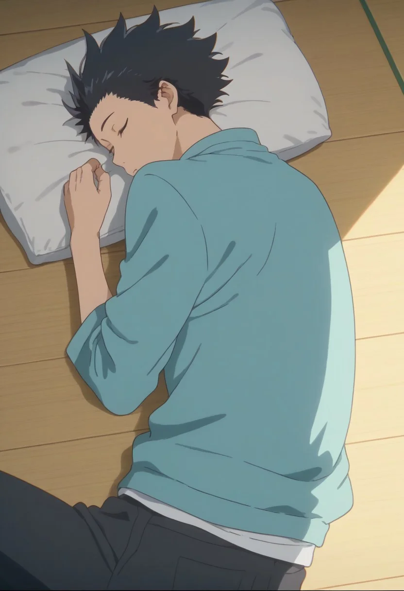 score_9, score_8_up, score_7_up, source_anime, rating_safe, Shoykoe, 1boy, male focus, looking away, anime screencap, sleeping, on side, lying on floor, let's just sleep