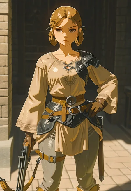 masterpiece, best quality, very aesthetic, absurdres, 
1girl, cowboy_shot, solo, vanillaware, medieval, arbalist, brown_eyes, brown_hair, braided_hair_rings, collarbone, lips, hair_ribbon, black_ribbon, light_brown_shirt, long_sleeves, wide_sleeves, chest_guard, leather_gloves, leather_belt, multiple_belts, faulds, grey_leggings, thigh_strap, poleyn, shoes, brown_footwear, holding_crossbow, crossbow_bolt, standing, hand_on_own_hip, looking_at_viewer, sideways_glance, closed_mouth, frown, legs_apart,  
BotWYei, 3d, shiny skin,