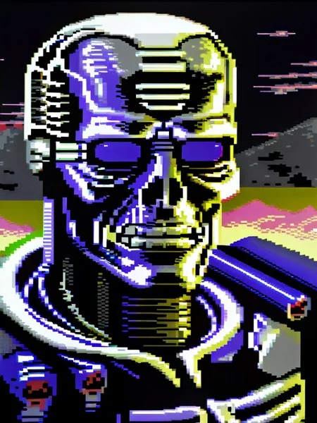 Terminator endoskeleton profile picture,64gr4ph1cs style,8-bit,pixel art<lora:C64XL-000005:1.0>