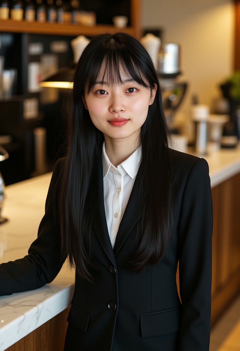 FictionalZhao, long black hair, wispy bangs, brown eyes
Wearing a three piece suit, as a receptionist at a hotel. Greeting you.