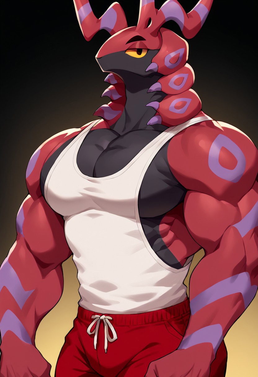 score_9, score_8_up, score 7_up, source_anime, digital art, male focus, 1boy, solo, upper body, topless male, ((biceps, thick arms, thighs, thick thighs)), ((((pectorals, large pectorals)))), muscular, muscular male, scolipede, yellow sclera, yellow eyes, black pupils, colored skin, colored sclera, anthro, male, looking at viewer, no humans, (tank top, white tank top, sweatpants, red pants, pants), bara, yellow background, black background, white background, abstract background