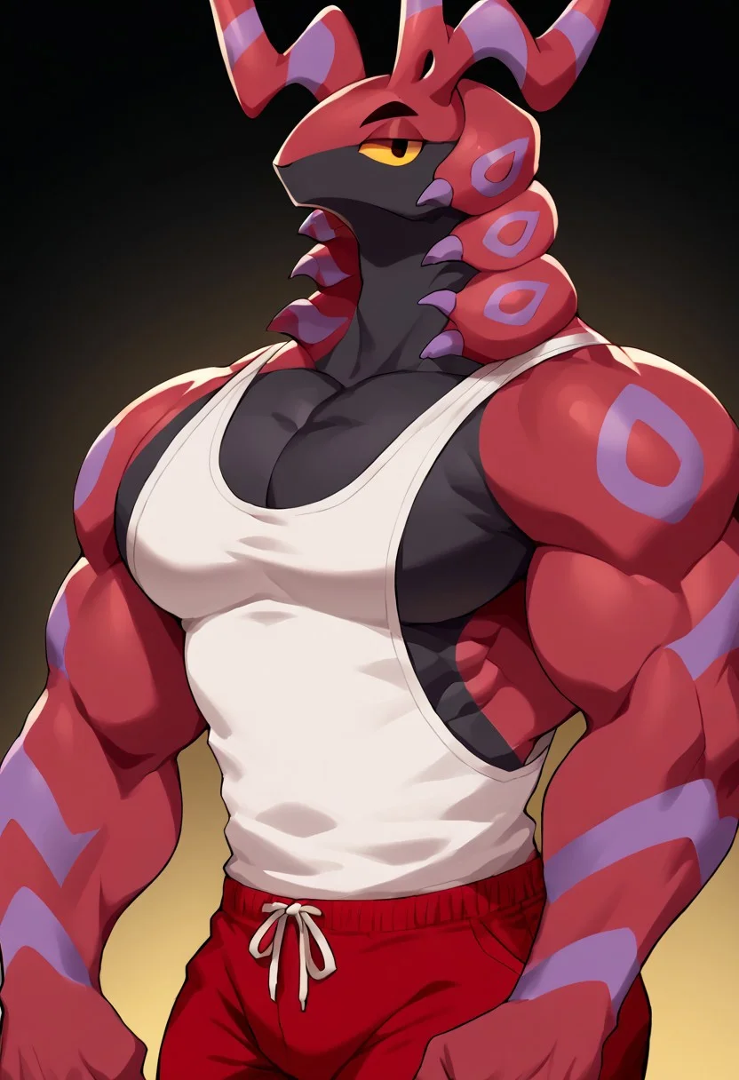score_9, score_8_up, score 7_up, source_anime, digital art, male focus, 1boy, solo, upper body, topless male, ((biceps, thick arms, thighs, thick thighs)), ((((pectorals, large pectorals)))), muscular, muscular male, scolipede, yellow sclera, yellow eyes, black pupils, colored skin, colored sclera, anthro, male, looking at viewer, no humans, (tank top, white tank top, sweatpants, red pants, pants), bara, yellow background, black background, white background, abstract background