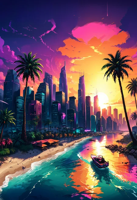 GTA VI style drawing of a vibrant coastal city at sunset with palm trees and skyscrapers, a city inspired by Dubai. Use of vivid colors and realistic details with a touch of distinctive graphic art from the game. ((GTA VI)). UHD. 8K, Glowwave, colorpop, <lora:add-detail-xl:1> <lora:xl_more_art-full_v1:1>