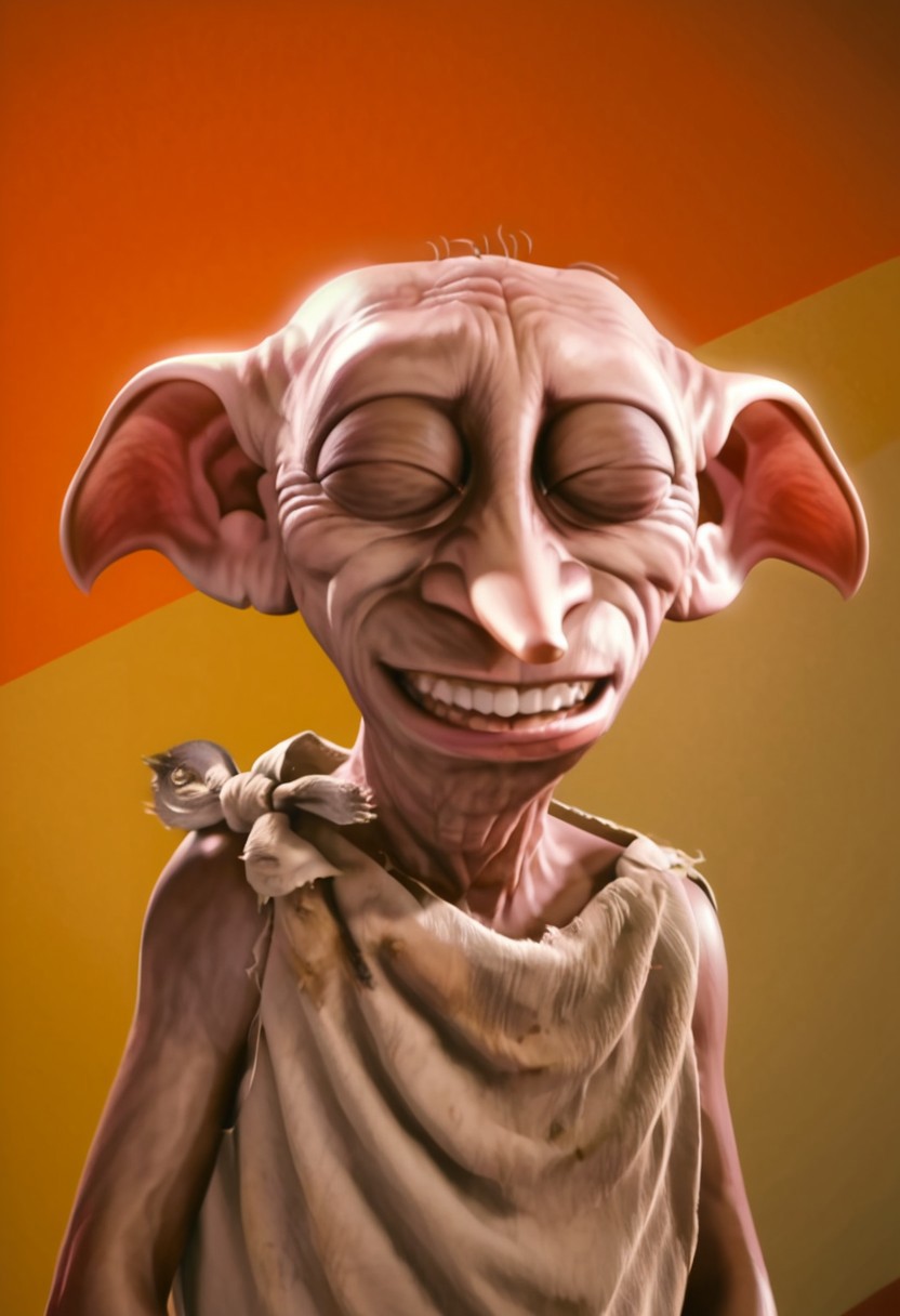 dobby_house-elf, 1male, short, skinny, bald, large green eyes, long nose, long pointed ears, brown skin, sleeveless dark grey rags clothes, barefoot, score_8_up, score_7_up, BREAK, solo, looking at viewer, scared, head tilt, large smile, eyes closed, teeth, male focus, looking at viewer, detailed background, 4k, masterpiece, best quality, highly detailed, realistic, 3d, portrait, portrait