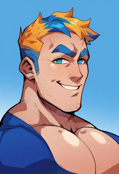 score_9, score_8_up, score_7_up, score_6_up, score_5_up, score_4_up, rating_questionable <lora:hotcha_style_2,0.9, <lora:add-detail-xl:1.5>, Blue Facial Hair, Without Goatee, Half Body, Closeup, Bust portrait, In The School/School Background, School Gym, School Scenery, 1boy, Strong Triangular Jawline, bodybuilding, massive pectoral, beefy muscle, Rugged Features, Mature Male, 40-Year Old, Short Bright Blonde Messy Hair, Hair Bangs, Blue Streaks, Blue eyebrows, PE Teacher Shirt Outfit, {(Blue Sideburns Facial Hair)}, {{Blue Sideburns}}, {{Blue Facial Hair}}, Looking At Viewer, Blue Eyes, Brawl Stars Style, Saying Hi, Smile, Highlights, {No Mustache}, Blue Beard, No Goatee, (Two-Tone Color Hair, Blue Hair, Bright Blonde Hair)