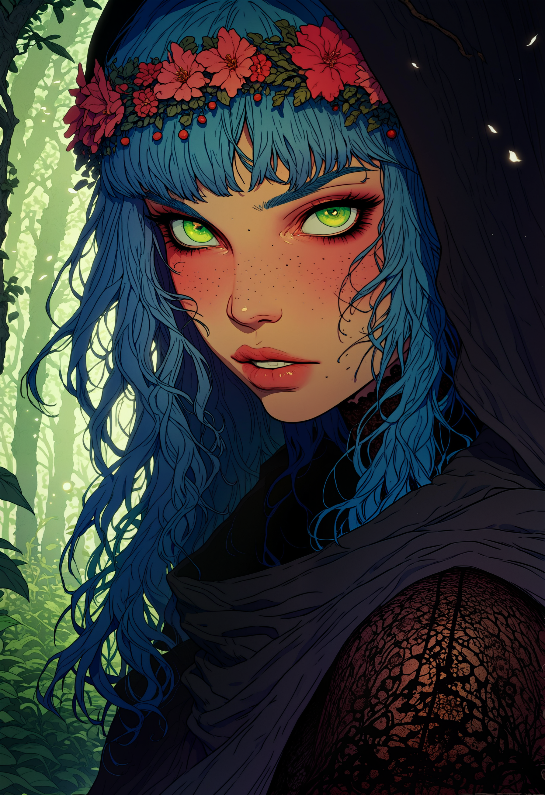 score_9, score_8_up, score_7_up, score_6_up, score_5_up, score_4_up, mysterious woman, fantasy elf, unearthly beauty, light blond hair, long flowing hair, graceful facial features, bright green eyes, light blush, calm expression,  looking at the viewer, close up photo, portrait,   translucent black linen, intricate lace, intricate floral patterns, transparent material, dark cloak, decorative horns, fall foliage, leaf and flower decorations,  fantasy theme, twilight lighting, soft diffused light, misty atmosphere, muted colors, forest background, magical atmosphere, highly detailed illustration, 