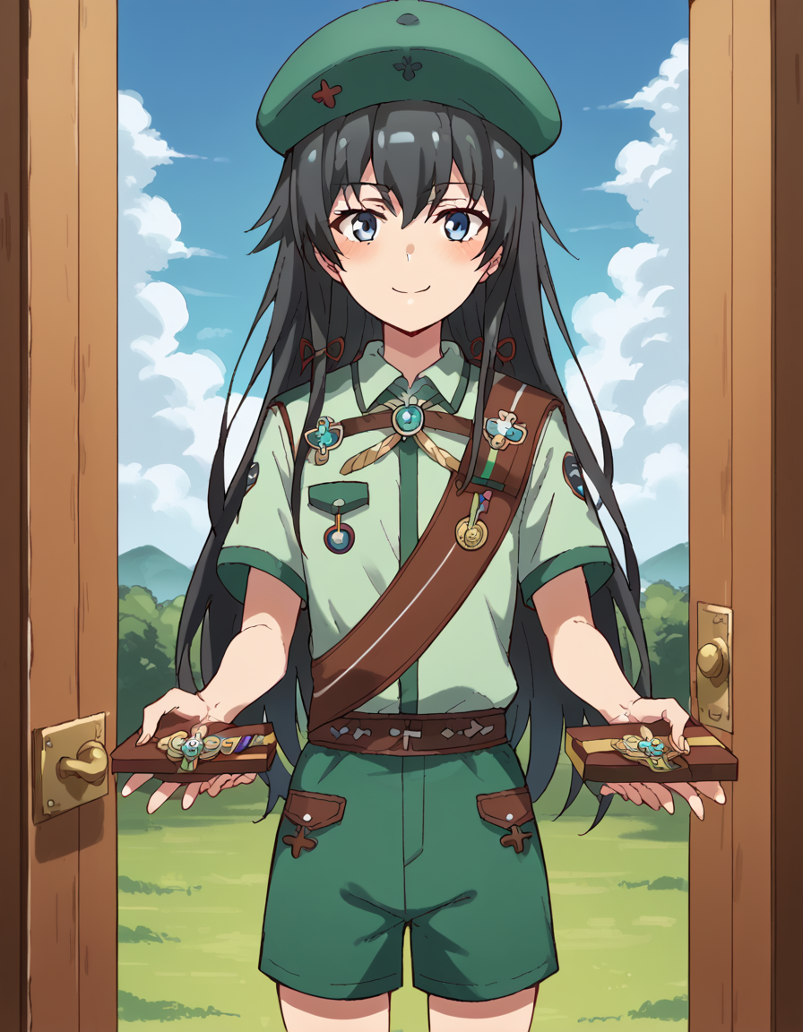 score_9, score_8_up, score_7_up, source_anime, <lora:yukino-yukinoshita-s2s3-ponyxl-lora-nochekaiser:1>, yukino yukinoshita, black hair, blue eyes, long hair,, <lora:girl-scout-uniform-ponyxl-lora-nochekaiser:1> girl scout uniform, badge, beret, breast pocket, girl scout, green hat, hat, short sleeves, shirt, green shirt, shoulder sash, medal, button badge, uniform, shorts, green shorts, short shorts, kneehighs,, smile, blush, looking at viewer, blue sky, clouds, entrance, doorway, <lora:incoming-gift-ponyxl-lora-nochekaiser:1>, incoming gift, outstretched arms, holding, holding box, box, cardboard box,, cowboy shot,