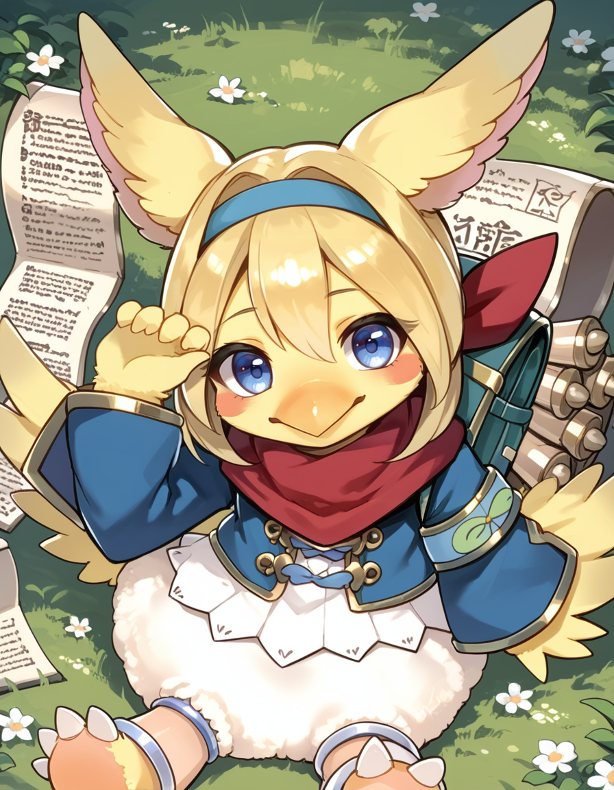(score_9:0.9),score_8_up,score_7_up,rating_safe,anime_style,(zPDXL3),(zPDXL),
<lora:Filo, Messenger Fur Hire ponyXL v1.1:0.9>,filo messenger fur hire,solo,1girl,blush stickers,red scarf,blue jacket,cyan hairband,sidelocks,green backpack,bird girl,smile,blush,barefoot,bottomless,silver anklet,beak,scroll,feathered wings,grass,facing viewer,wariza,head tilt,closed mouth,furry female,
